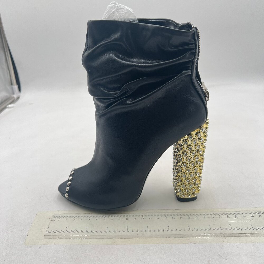 FSJ Black Stylish Peep Toe Slouch Ankle Boots Chunky Stacked Heels Crystal Shoes - Picture 2 of 8
